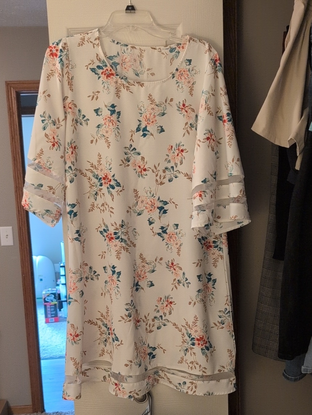 Floral Print White Swing Dress with Teal & Coral Blooms